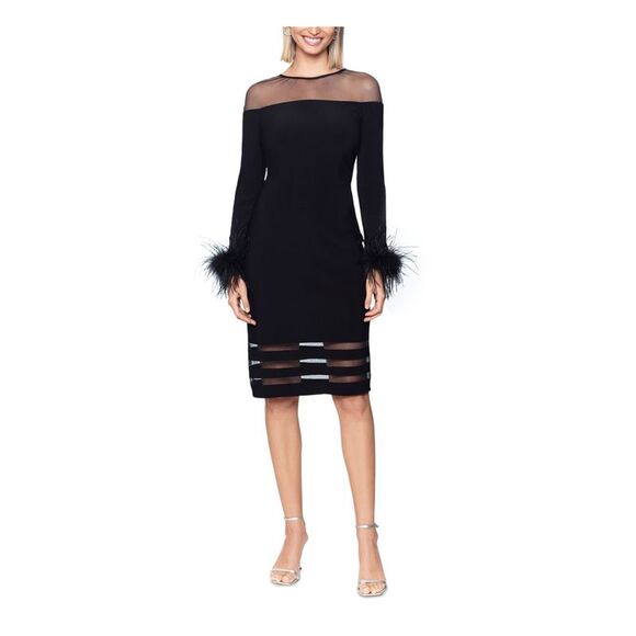 BETSY & ADAM Dresses & Skirts - BETSY & ADAM Womens Black Lined Feathered Cuff Illusion A Long Sleeve Dress 8